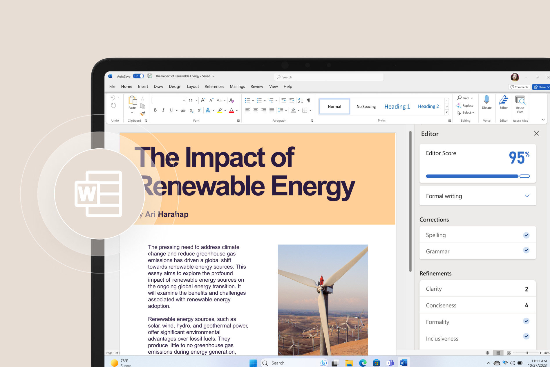 画面に AI で強化された Microsoft 365 を表示し、デバイス上部に Microsoft Word のアイコンが浮かんだ状態の Surface Laptop Go 3 の部分画像。