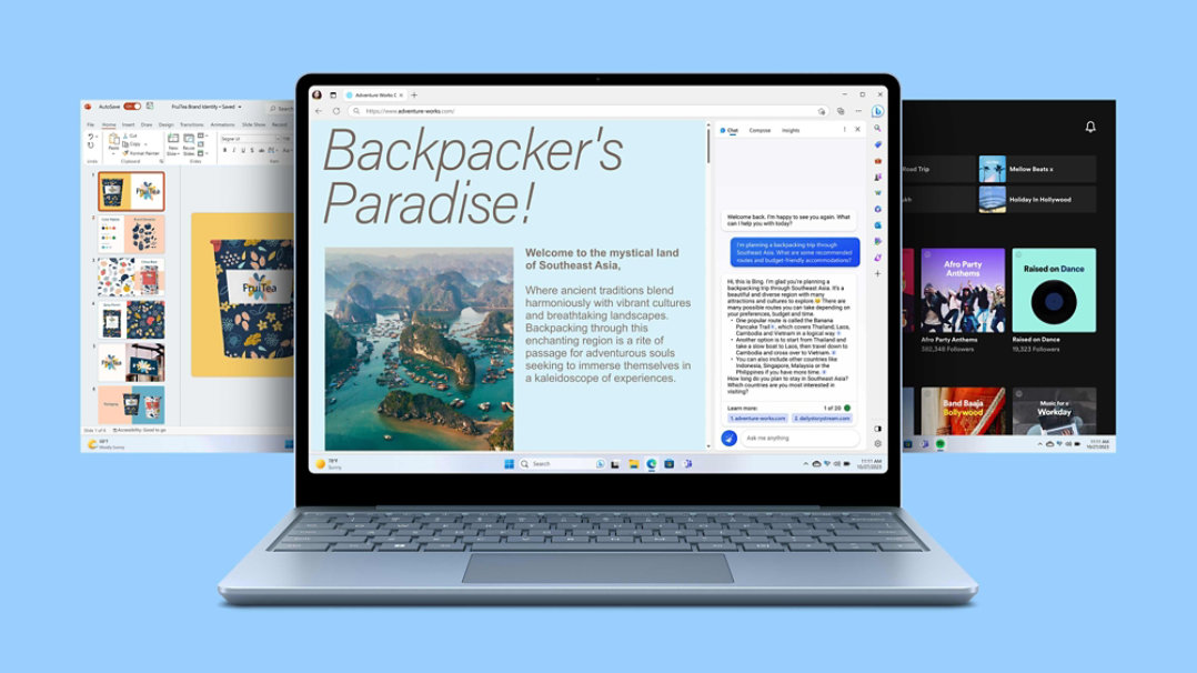 Surface Laptop Go 3 in Eisblau mit Bing Edge auf dem Bildschirm und zwei weiteren App-Bildschirmen, die hinter dem Gerät hervorlugen.