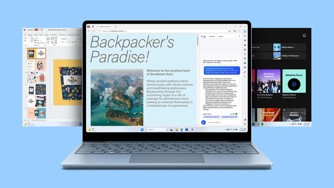 冰藍色 Surface Laptop Go 3 的螢幕顯示 Bing Edge，裝置後面露出另兩個應用程式畫面。