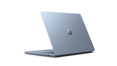 Ice Blue Surface Laptop Go 3 shown from a back angle with the keyboard partially visible. 