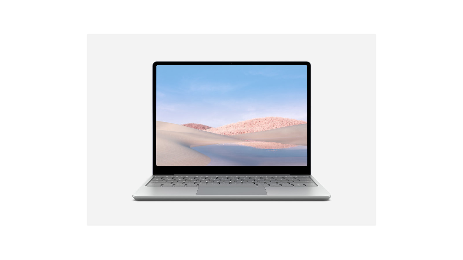 Ein aufgeklappter Surface Laptop Go von vorne mit einer Landschaft auf dem Bildschirm.