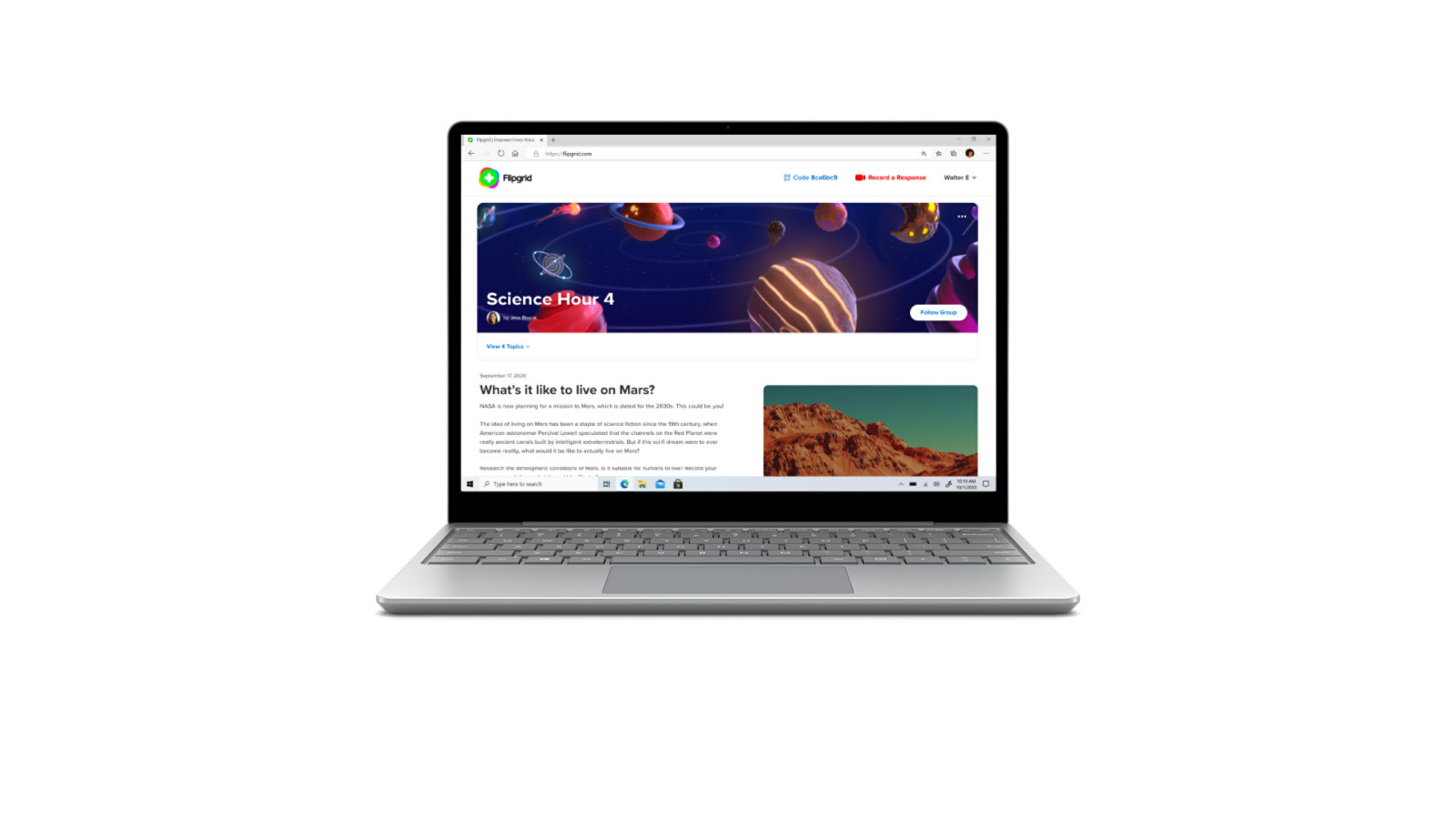 Vista anteriore di un Surface Laptop Go aperto con un browser Web visualizzato sullo schermo.