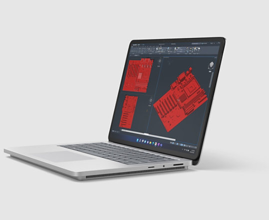 Render of Surface Laptop Studio 2 with Revit application on screen