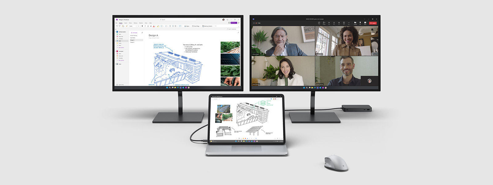Surface Laptop Studio 2 observed connected to two external monitors with various Microsoft applications on the screens