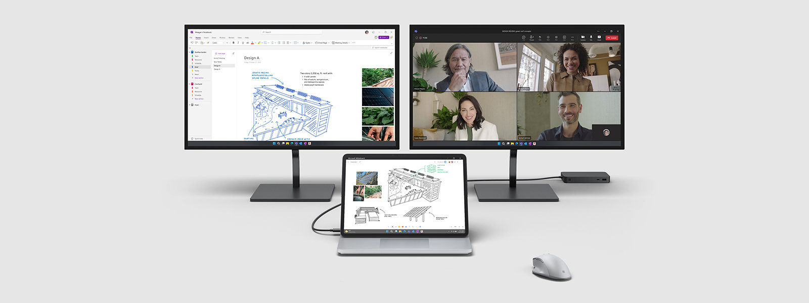 Un dispositivo Surface Laptop Studio 2 connesso a due monitor esterni sui quali sono visualizzate varie applicazioni Microsoft