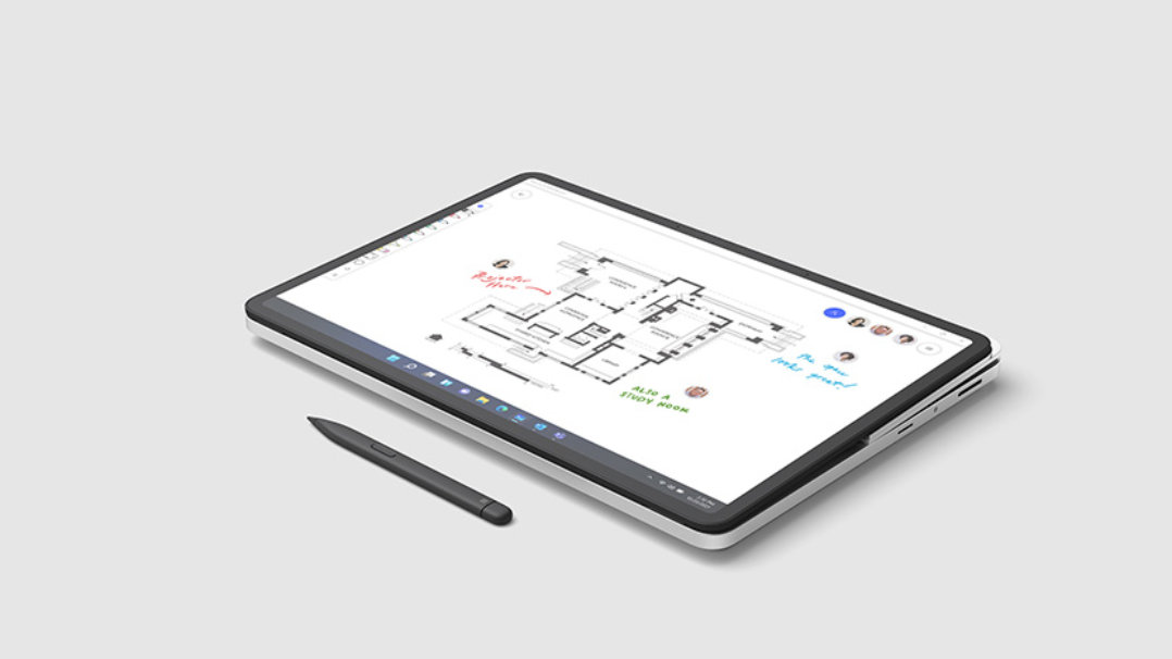 Surface Laptop Studio 2 in Stage Mode with design blueprint on the screen