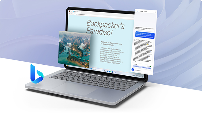 Microsoft Edge 화면이 표시된 Surface Laptop Studio 2. 앱의 요소들이 디스플레이에서 튀어나오고 Bing 로고가 키보드 근처에 떠 있습니다.