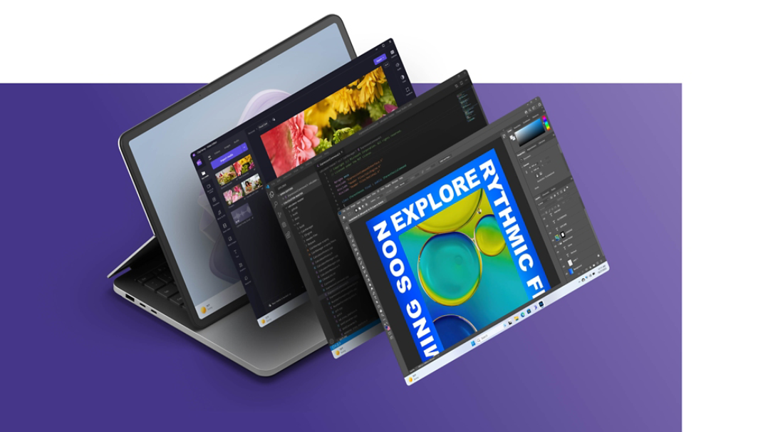 Surface Laptop Studio 2, der viser en Windows-blomsterskærm med Clipchamp, Xbox og Adobe Photoshop-skærme stablet foran enheden.