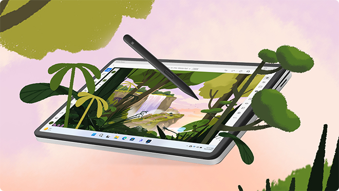 採用工作室模式的 Surface Laptop Studio 2 顯示 Adobe Fresco 畫面，而 Surface 超薄手寫筆 2 飄浮在顯示器上方。