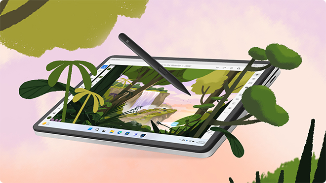 Surface Laptop Studio 2 dalam mod Studio memaparkan skrin Adobe Fresco dengan Surface Slim Pen 2 terapung di atas paparan.