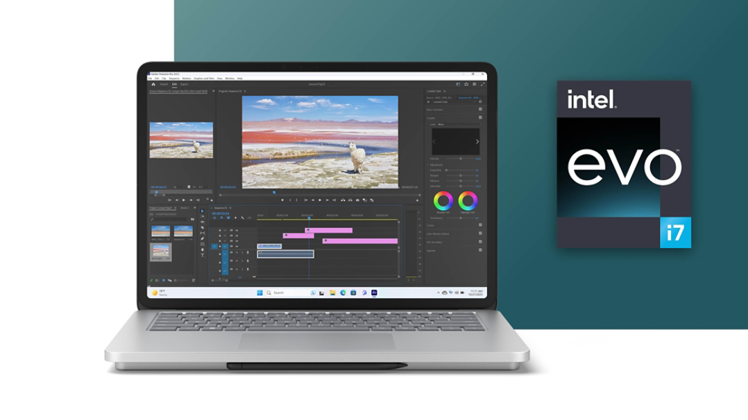 Surface Laptop Studio 2, jonka näytössä on Windows-kukka ja Intel Evo i7 -piirin kuva laitteen vieressä.
