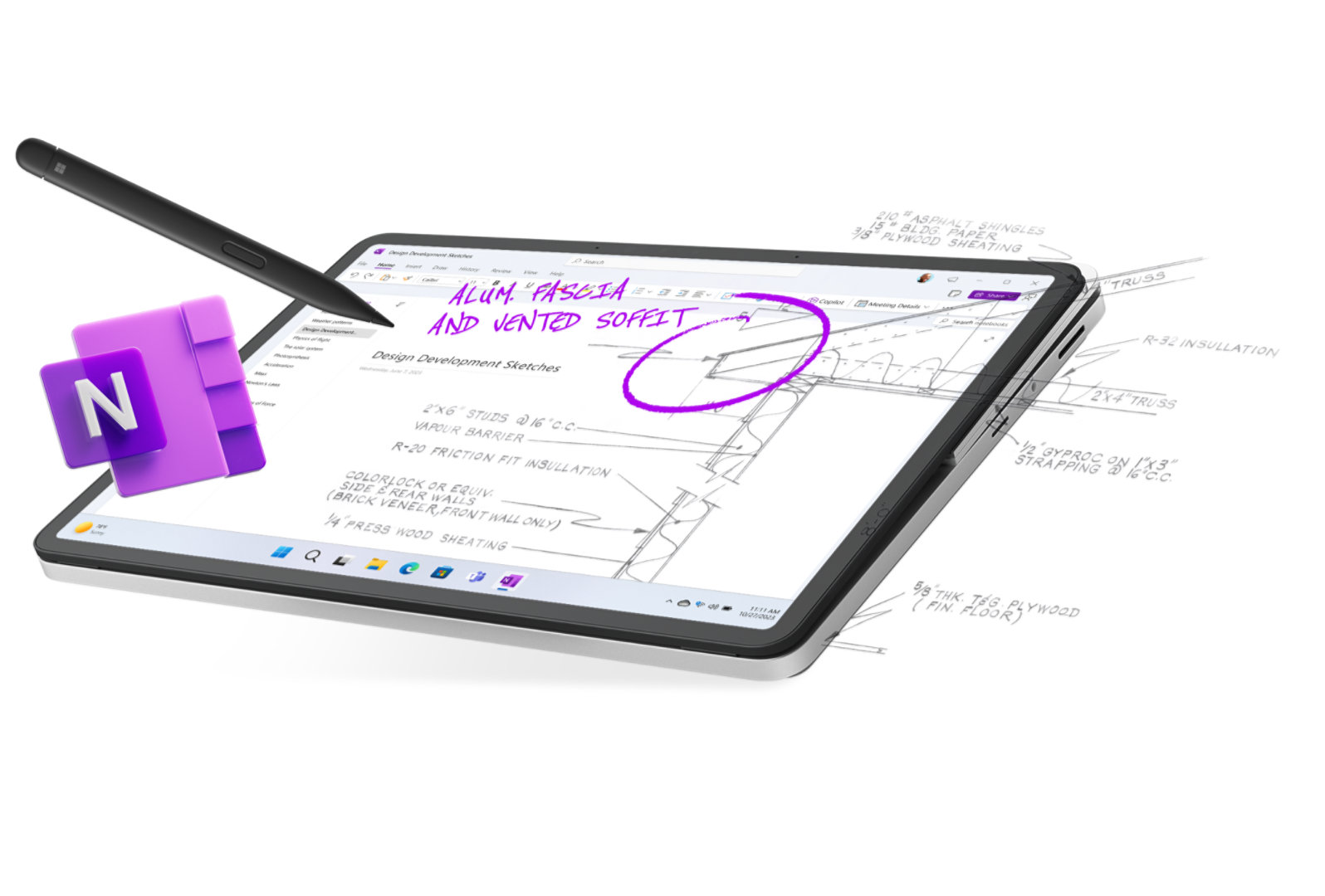 Surface Laptop Studio 2 في الوضع اللوحي يعرض قلمًا رقميًا ونباتًا وملاحظات مكتوبة وأيقونة OneNote تخرج من شاشة الجهاز.