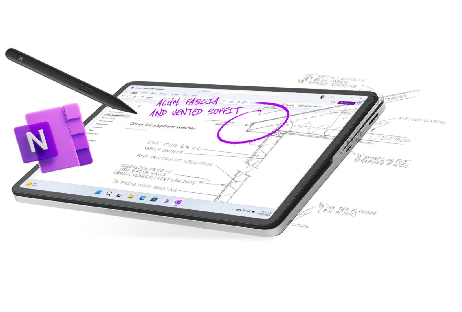 Surface Laptop Studio 2 in tabletmodus met een digitale pen, geschreven notities en het OneNote-pictogram dat uit het scherm van het apparaat springt.