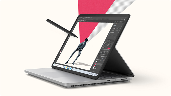 Surface Laptop Studio 2 顯示 Adobe Photoshop 畫面，而 Surface 超薄手寫筆 2 飄浮在顯示器上方。