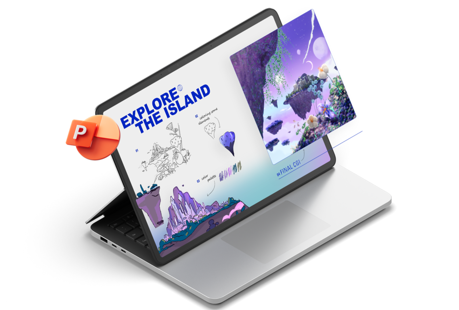 Surface Laptop Studio 2, jossa näkyy Microsoft PowerPoint, ja saarianimaatioita ja PowerPoint-logo ovat ponnahtamassa ulos laitteen näytöstä.