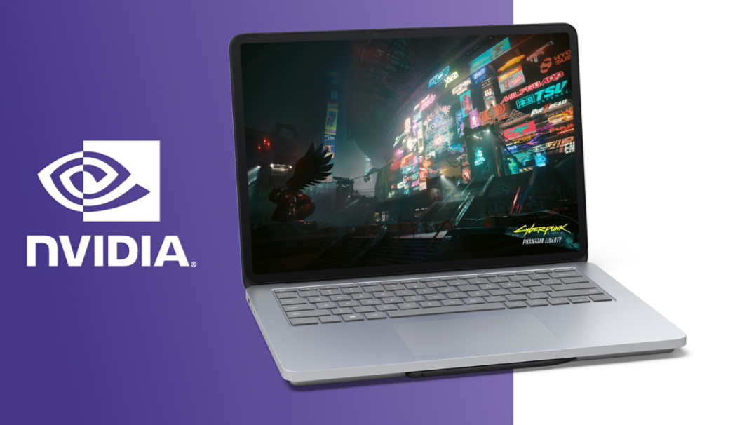 Surface Laptop Studio 2, jonka näytöllä Cyberpunk 2077: Phantom Liberty -peli, laitteen vieressä on Nvidia Studio -logo.