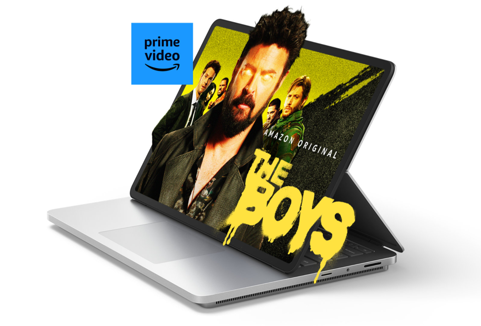 Surface Laptop Studio 2 يعرض The Boys من Amazon Prime مع بعض عناصر الشاشة وشعار فيديو Prime يخرج من الشاشة.