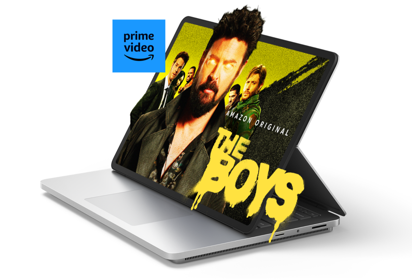 Surface Laptop Studio 2 die The Boys van Amazon Prime toont met enkele schermelementen en het Prime video-logo dat uit het scherm springt.
