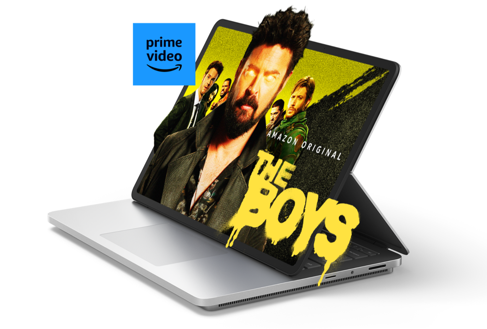 Surface Laptop Studio 2 montrant The Boys sur Amazon Prime avec quelques éléments et le logo Prime Video sortant de l’écran.