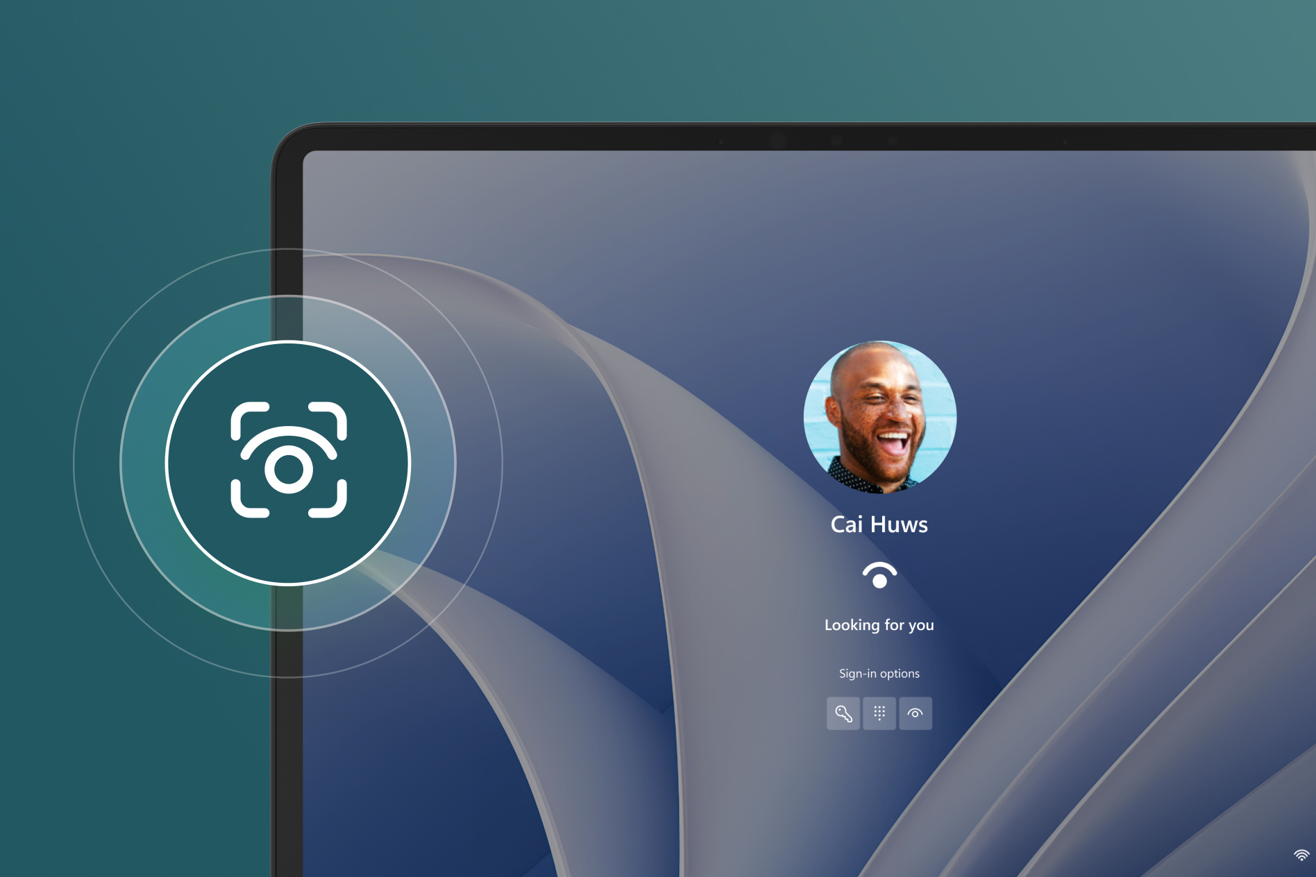Partial view of Surface Laptop Studio 2 with a Windows Hello log in menu on-screen and an eyeball icon floating above the device.