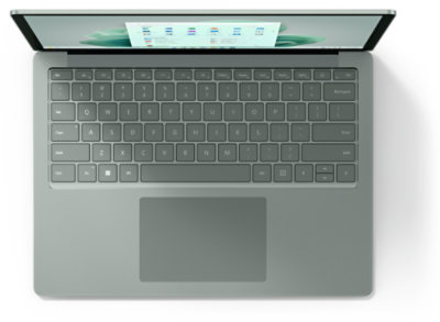 Top view of replacement QWERTY keyboard attached to a Surface Laptop 5 in Sage.