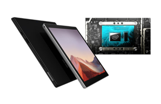 Surface Pro 7 10th Gen Intel® Core™ processor shown next to front and rear-facing Pro 7 computers.