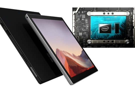 Surface Pro 7 10th Gen Intel® Core™ processor shown next to a front and rear-facing Pro 7 computers