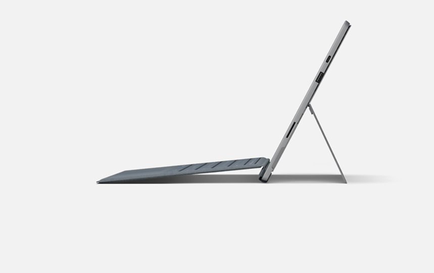 Surface Pro 7 with a Type Cover attached and an open Kickstand.