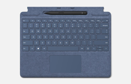 上から見た Surface Pro Signature キーボード (サファイア) とスリム ペンの機能のレンダー画像。