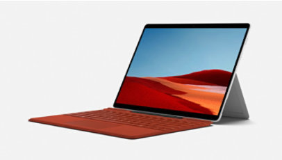 Vista lateral en ángulo de un dispositivo Surface Pro X con una funda con teclado.