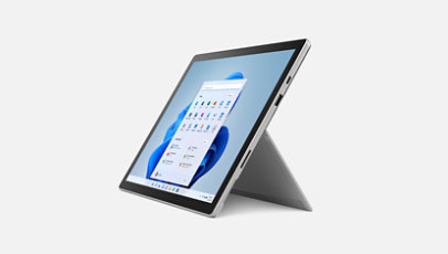A side view of Surface Pro 7+ as a tablet in kickstand mode.