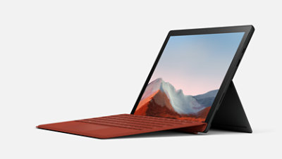 Surface Laptop 7 with Poppy Red Type Cover.