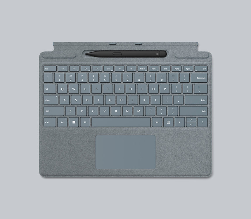 A surface Pro Type cover in gray with Slim Pen 2 in pen dock.