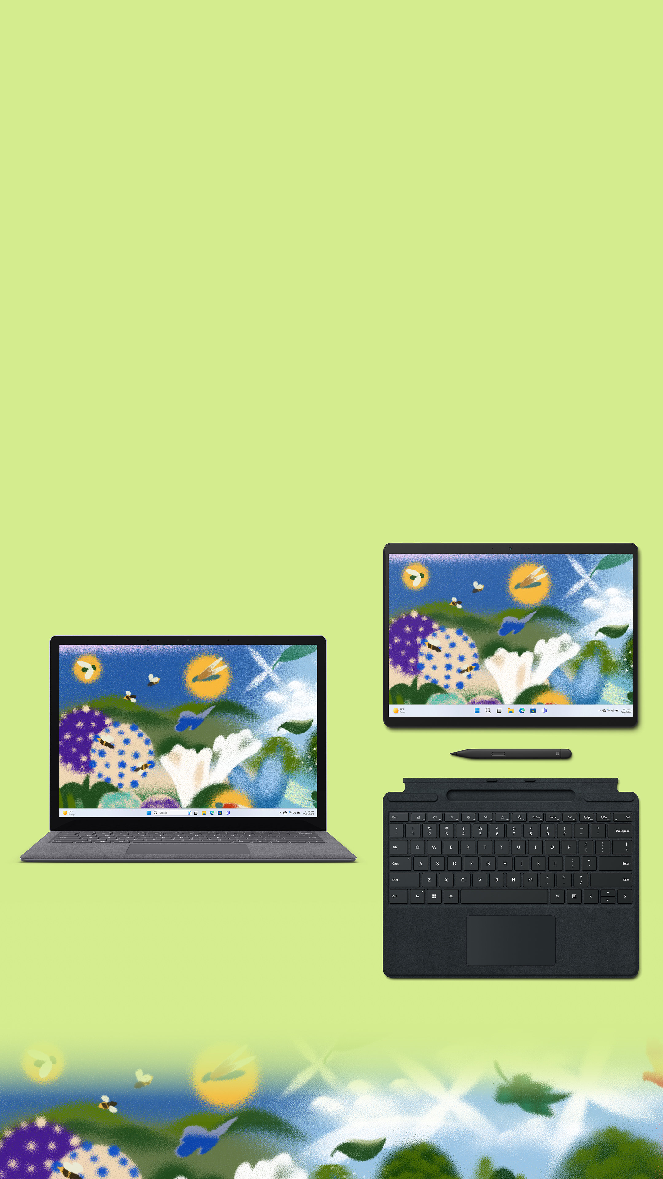 アースデイと Microsoft の持続可能性への取り組みに敬意を表した動物や植物の鮮やかなイラストが描かれている Surface Laptop 5 と Surface Pro 9。