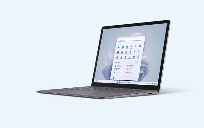 Feature render of a Surface Laptop 5 in platinum from an angled front view.