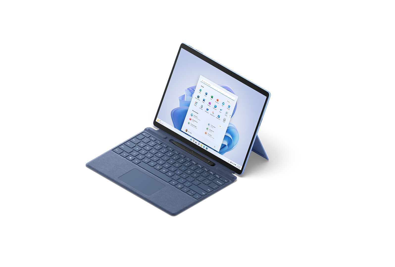 從上方所見，寶石藍 Surface Pro 9 與連接的 Surface 實體鍵盤保護蓋的半側面。