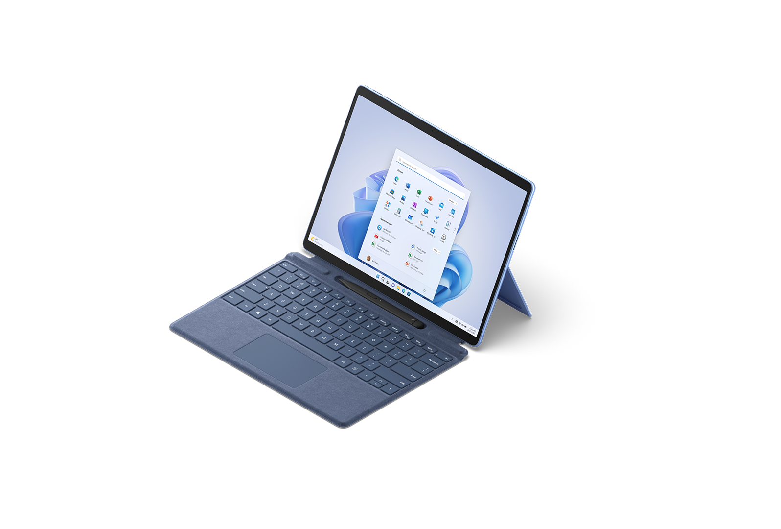 زاوية عرض 3/4 من الأعلى للابتوب Surface Pro 9 باللون أزرق ياقوتي، مع لوحة مفاتيح Surface Type Cover مرفقة.