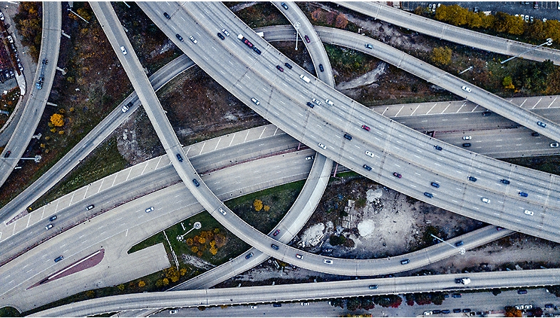 An overhead view of many highways intersecting. 