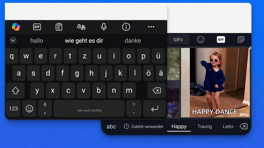 Android-Gerät mit SwiftKey-Emojis, Aufklebern und GIF-Tastaturen