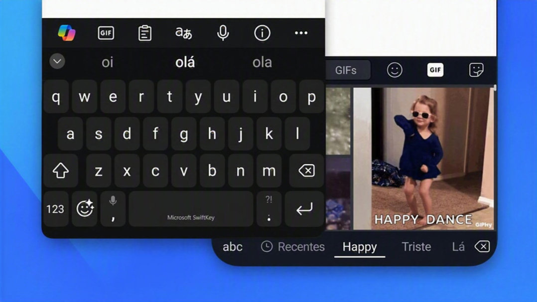Dispositivo da Android com teclados SwiftKey de emojis, adesivos e GIFs