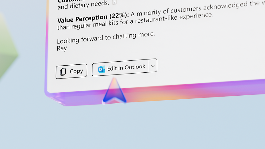 Copilot Image of an email draft with an option of 'Copy' and 'Edit in Outlook'