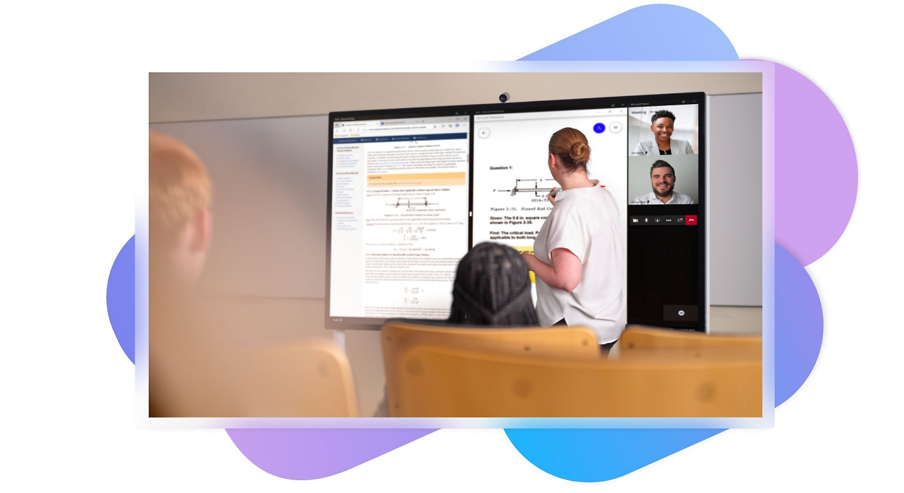 A person presenting work to a class that is being displayed on a large screen behind them that is also connected to a Teams call.