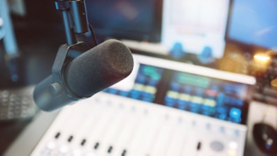 Microphone in radio broadcast studio.