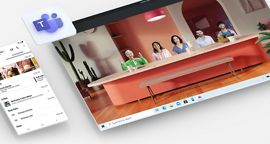 移动设备显示保存在 Teams 中的照片和事件，桌面设备显示同框场景模式下的 Teams 视频通话，模拟所有参与者一起坐在一张长桌旁。