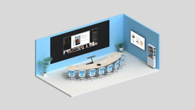 A medium sized conference room with eight seats, a whiteboard and two screens displaying a Teams call in Together mode and a presentation.