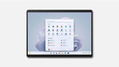 Surface Pro 9 shown straight on with Windows 11 start screen.