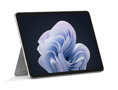 An angled view of a 12-inch Surface Pro in the color Platinum with the kickstand engaged.