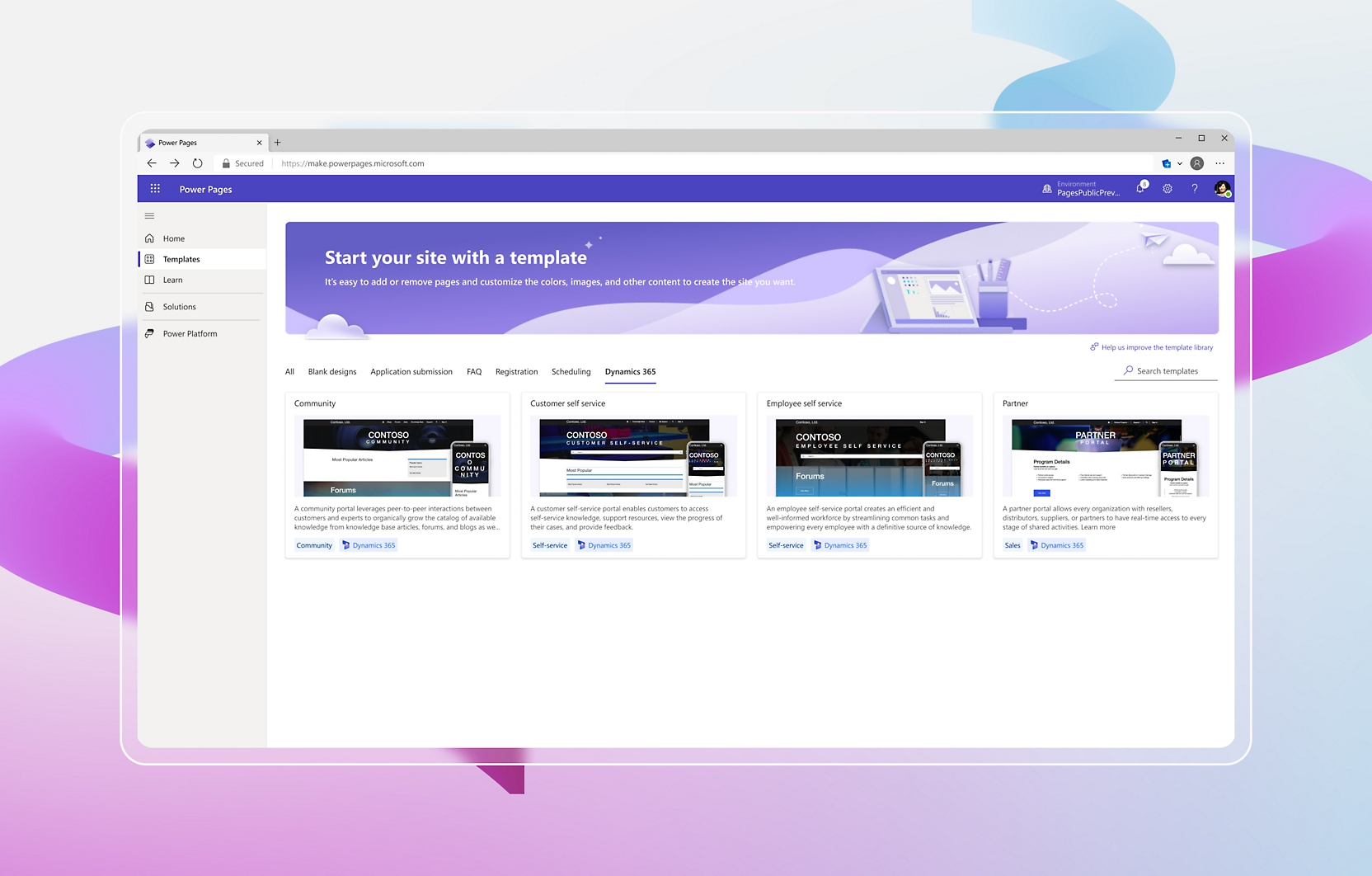 Hjemmesiden på et nettsted med lilla bakgrunn