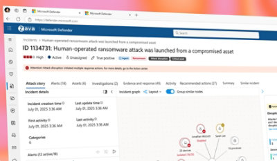Microsoft Defender security portal displaying a high-severity ransomware incident.