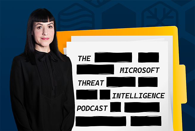 A person standing in front of a text "The microsoft threat intelligence podcast"